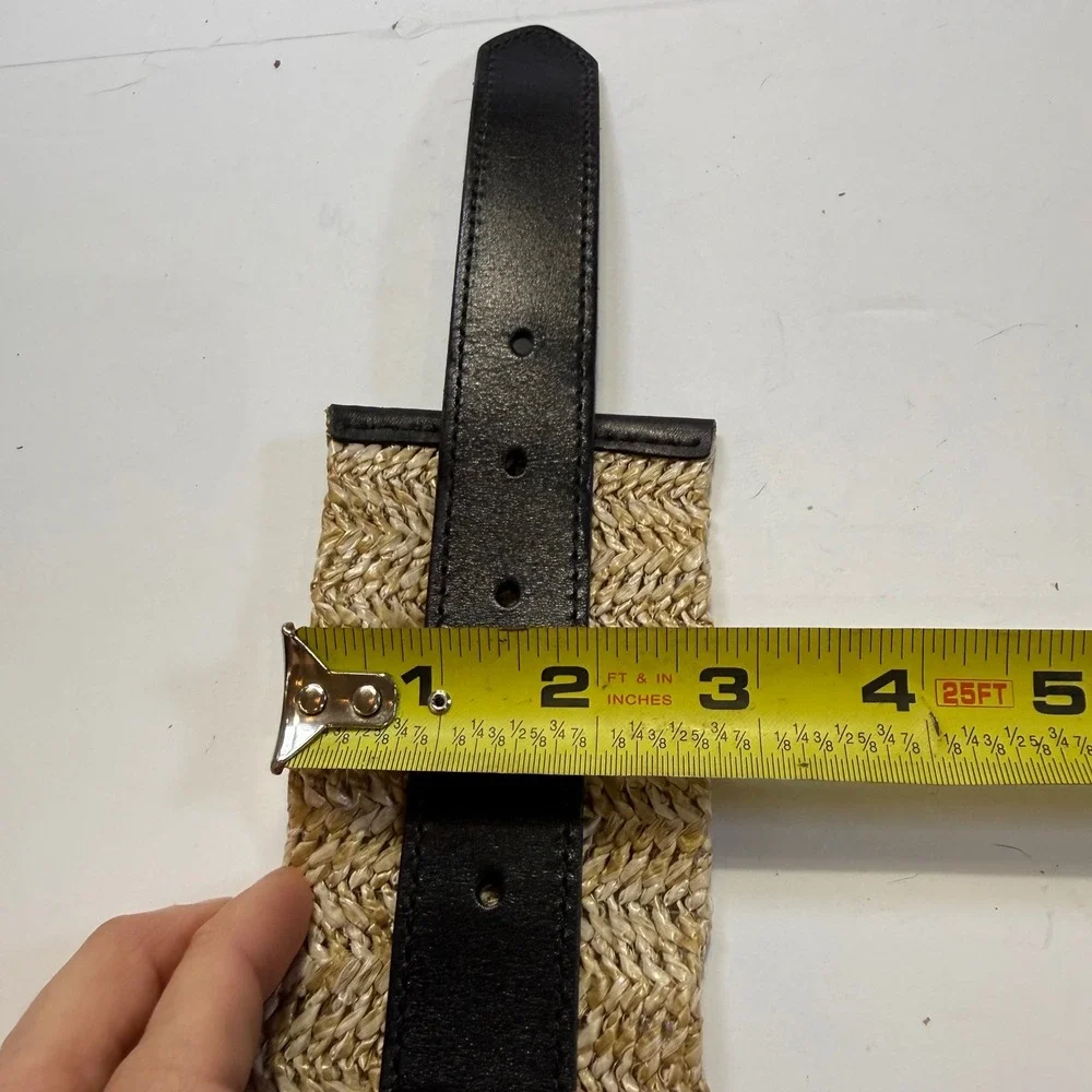 Unbranded Wide Woven Straw Raffia Leather Waist Belt Black Tan Brass Buckle 3in
